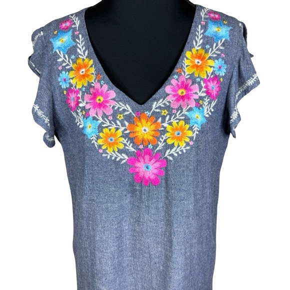 Boho Chambray Embroidered Floral Shift Dress Linen Blend Small - Picture 3 of 6